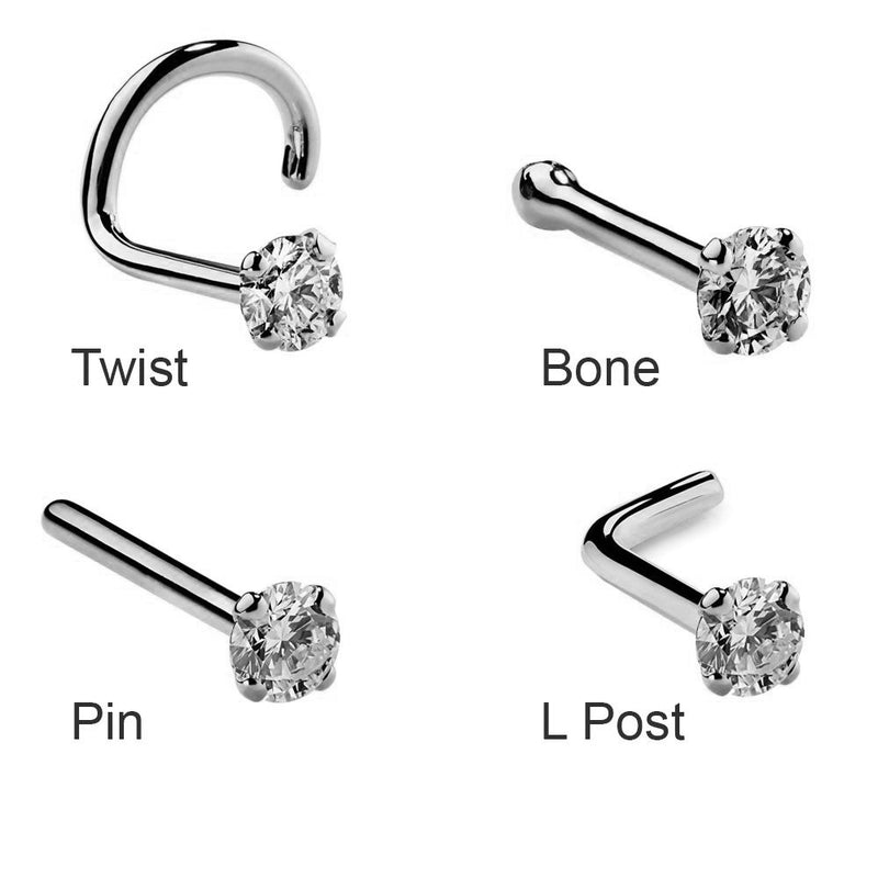1.7mm diamond nose stud style guide showing twist, bone, pin, and L post options in white gold