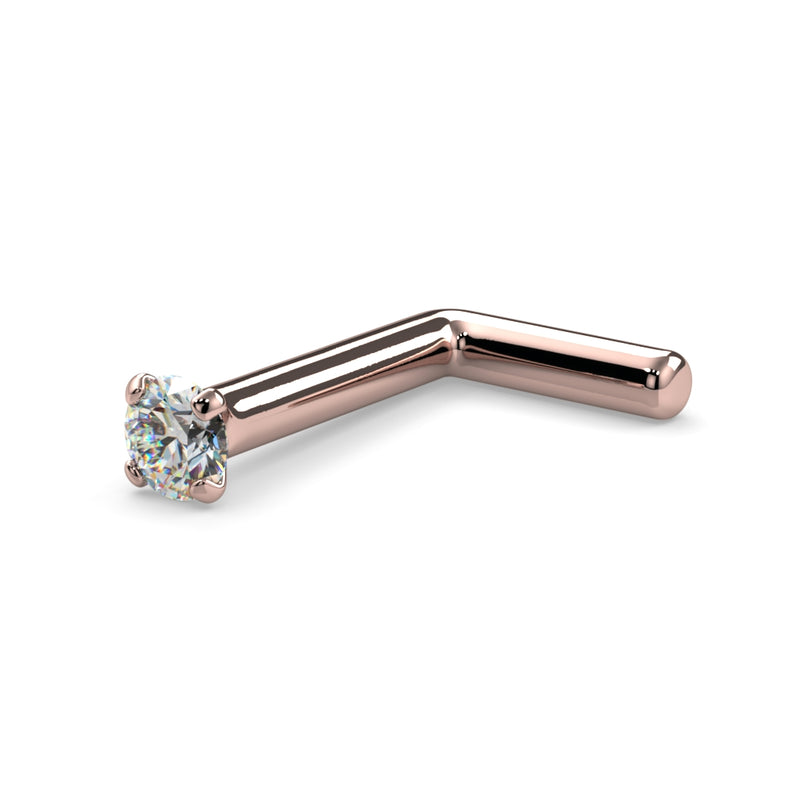 14k rose gold 1.7mm diamond L post nose stud, angled view showing L-shaped post and prong setting