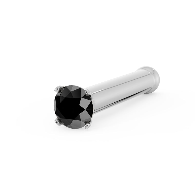 14k white gold black diamond nose bone stud, angled view showing cylindrical post and prong setting