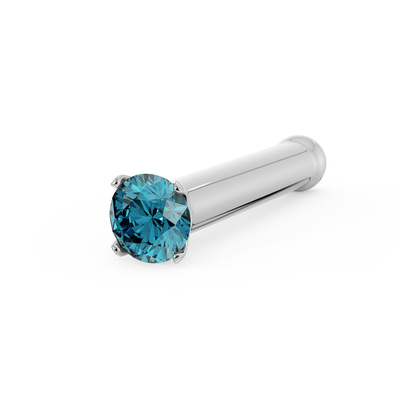 14k white gold blue diamond nose bone stud, angled view showing straight post and rounded end