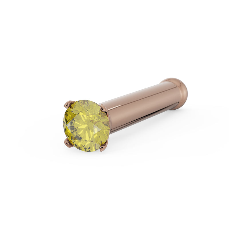 14k rose gold nose bone stud with 1.5mm yellow diamond prong setting, angled side view