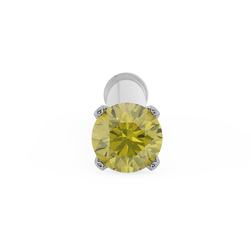 Top-down close-up of 1.5mm yellow diamond in four-prong white gold setting on nose bone post
