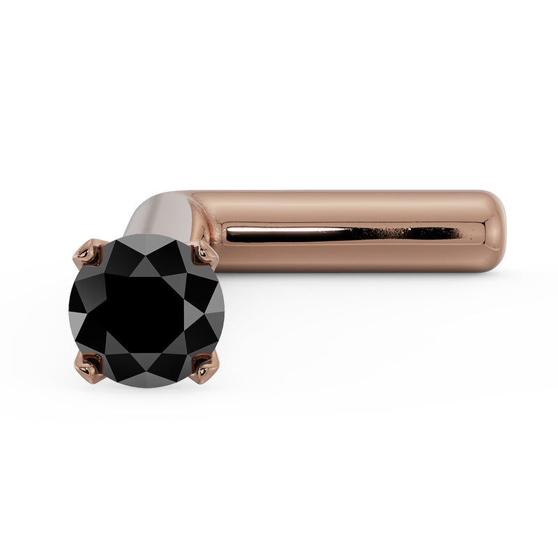 14k rose gold black diamond L-post nose stud, angled view highlighting prong setting and post bend