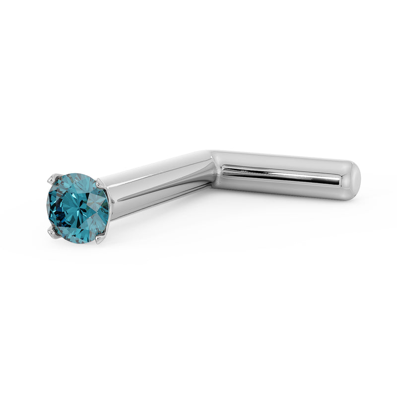 14k white gold blue diamond L-post nose stud with 1.5mm prong-set stone, angled view