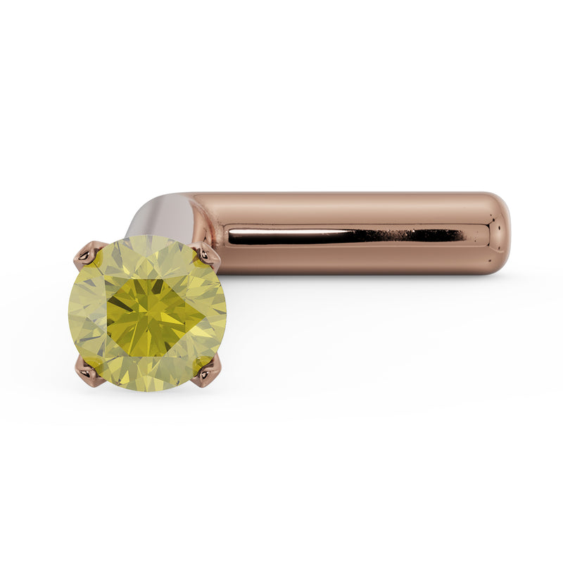 14k rose gold L-post nose stud with 1.5mm yellow diamond in prong setting, angled side view