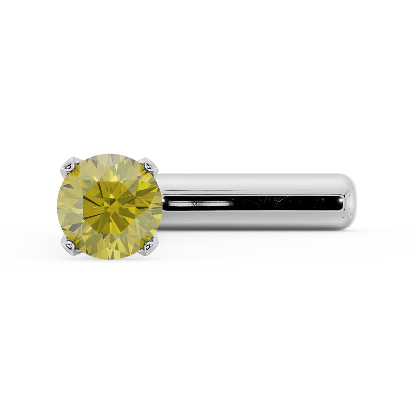 14k white gold straight post nose stud with yellow diamond, side view showing post and prong setting