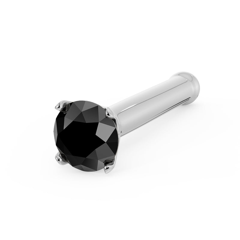 14k white gold bone nose stud with 2mm black diamond prong setting, angled side view