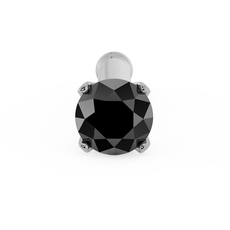Front-facing close-up of 2mm black diamond in four-prong setting on platinum bone nose stud