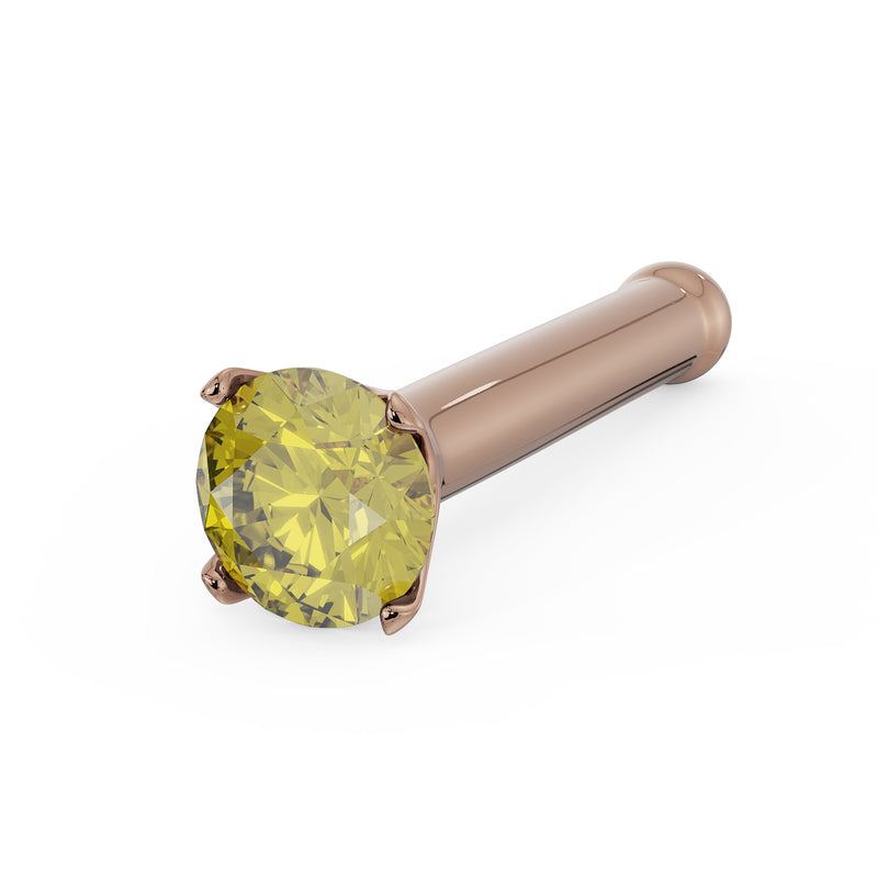 14k rose gold nose bone stud with 2mm yellow diamond in four-prong setting, angled view