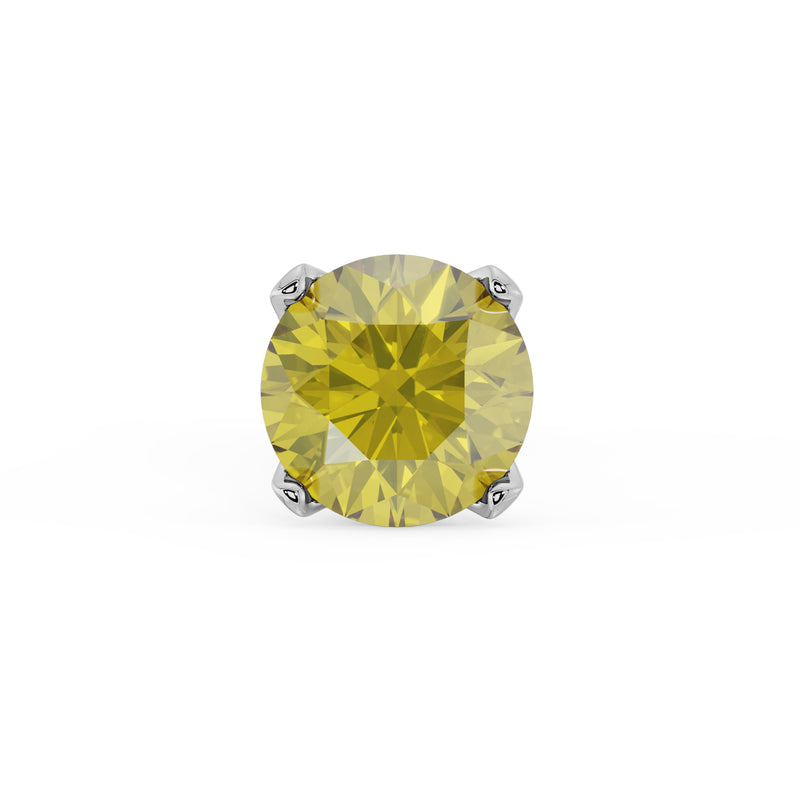 Close-up of 2mm round yellow diamond in four-prong setting on white gold nose stud