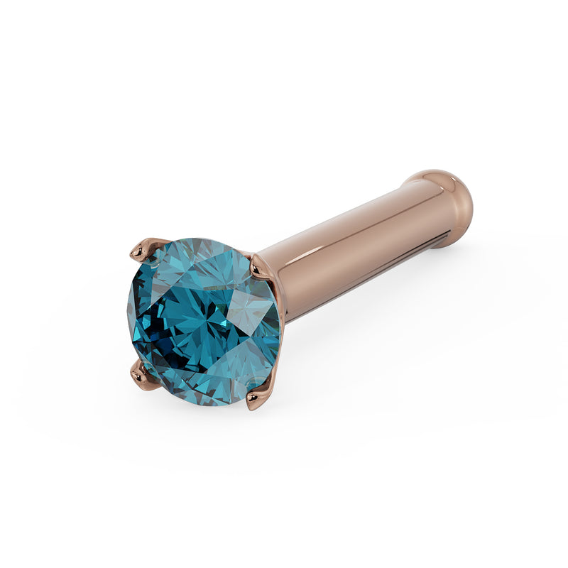 14k rose gold bone nose stud with 2mm blue diamond in four-prong setting, angled view