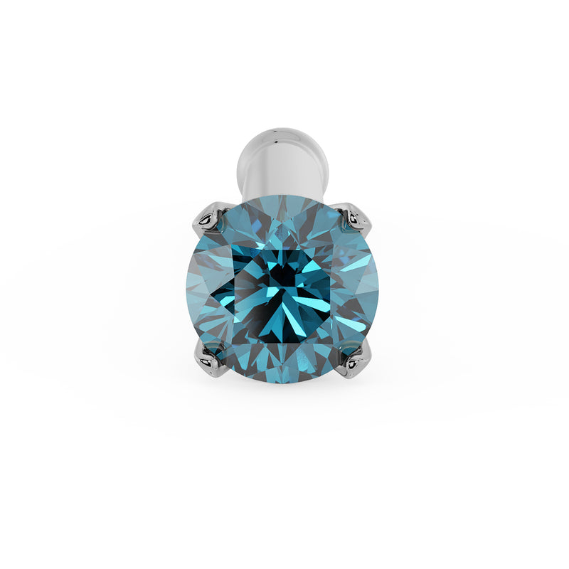 Top-down close-up of 2mm blue diamond in four-prong white gold setting on straight nose stud