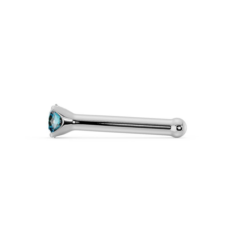 Side profile of 14k white gold bone nose stud with blue diamond showing ball end and post