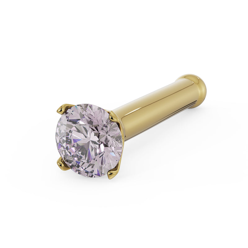 14k yellow gold pink diamond nose bone stud, angled view showing straight bone post