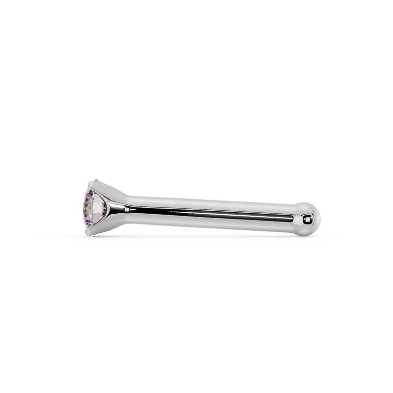 Side profile of white gold pink diamond nose bone stud showing straight post and ball end