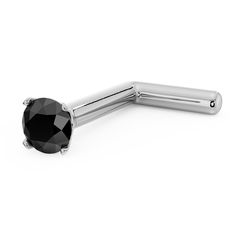 14k white gold L-post nose stud with 2mm black diamond, showing angled post shape