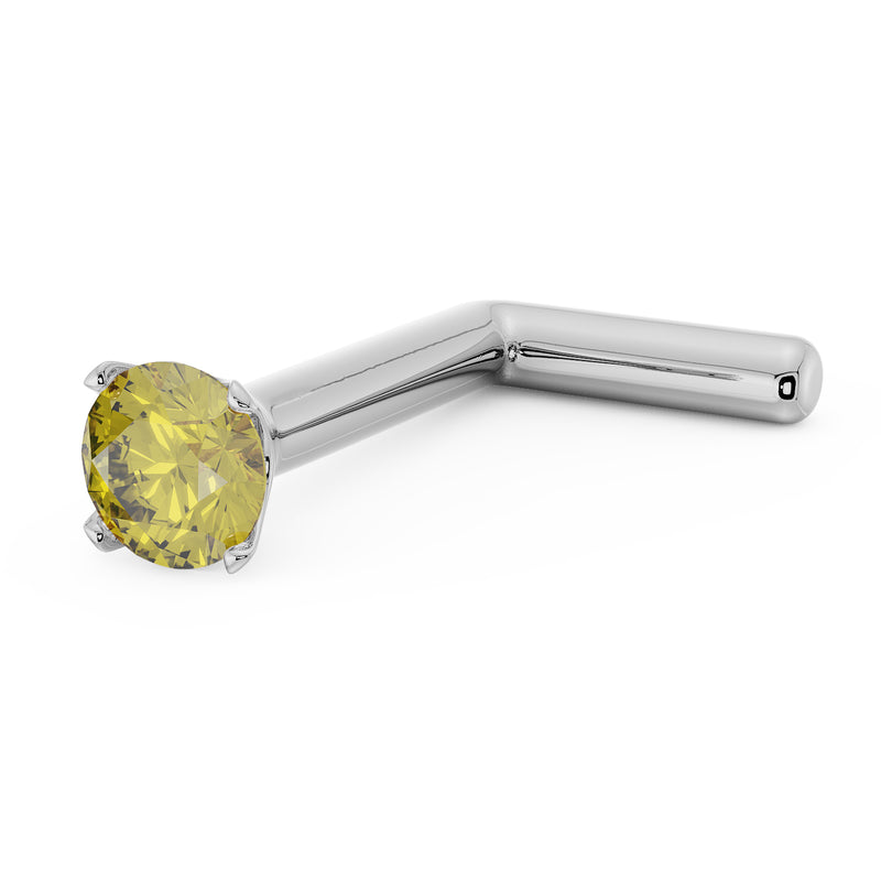 14k white gold L-post nose stud with 2mm yellow diamond, angled view showing L-bend shape