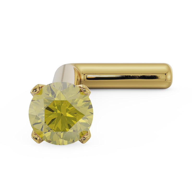 14k yellow gold L-post nose stud with 2mm yellow diamond in four-prong setting, angled view