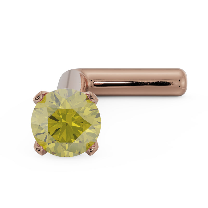 14k rose gold L-post nose stud with 2mm yellow diamond in four-prong setting, angled view