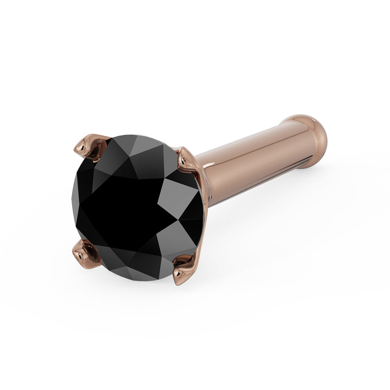 14k rose gold black diamond nose bone stud with prong setting, angled view showing ball tip