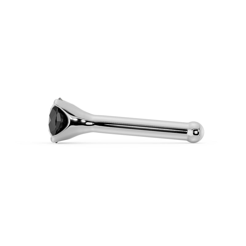 Side profile of white gold black diamond L-post nose stud showing post length and prong setting