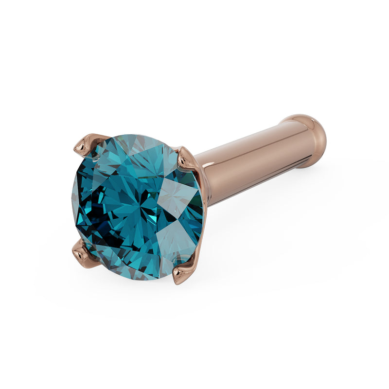 14k rose gold blue diamond nose bone stud with 4-prong setting, angled side view