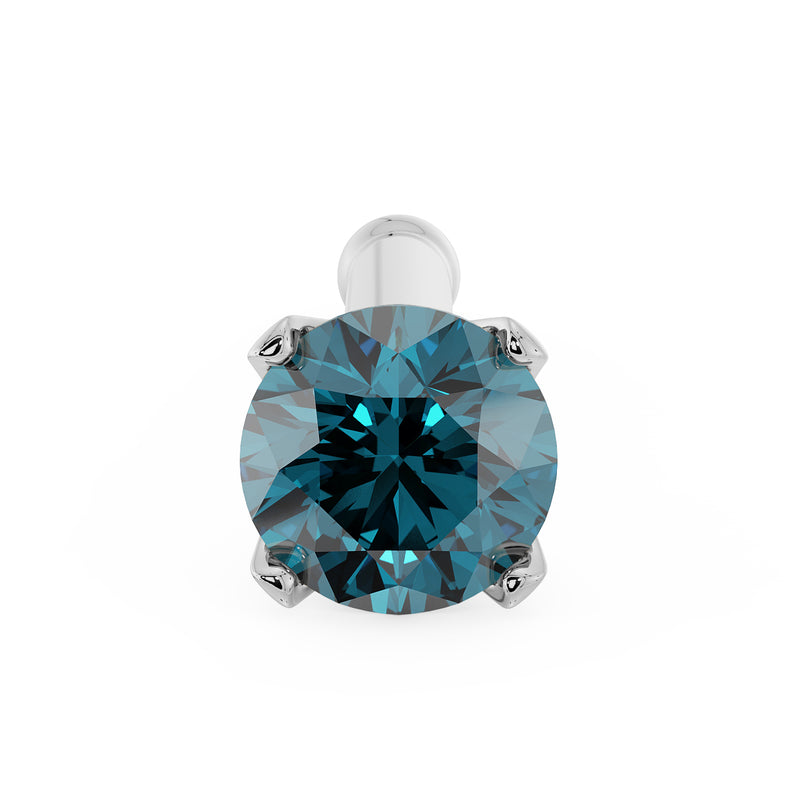 Top-down close-up of 2.5mm blue diamond in white gold 4-prong nose stud with straight post visible
