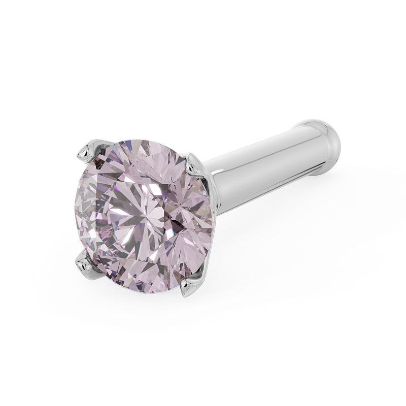 14k white gold pink diamond nose bone stud, angled view showing straight post with ball end