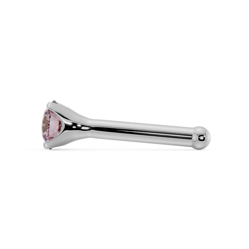Side profile of 14k white gold pink diamond nose bone stud showing post length and stone height