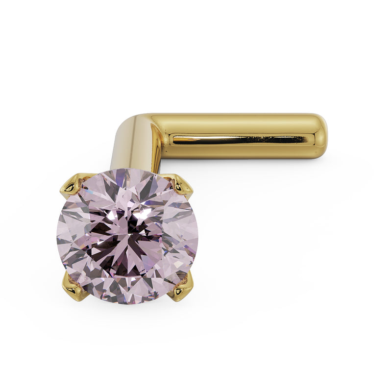 14k yellow gold pink diamond L-post nose stud, angled front view of prong-set stone