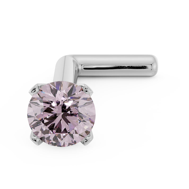 14k white gold pink diamond L-post nose stud, angled front view showing 4-prong setting