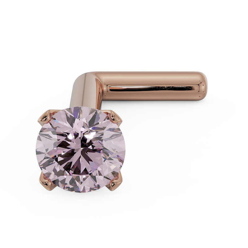 14k rose gold pink diamond L-post nose stud, angled front view of prong-set pink diamond