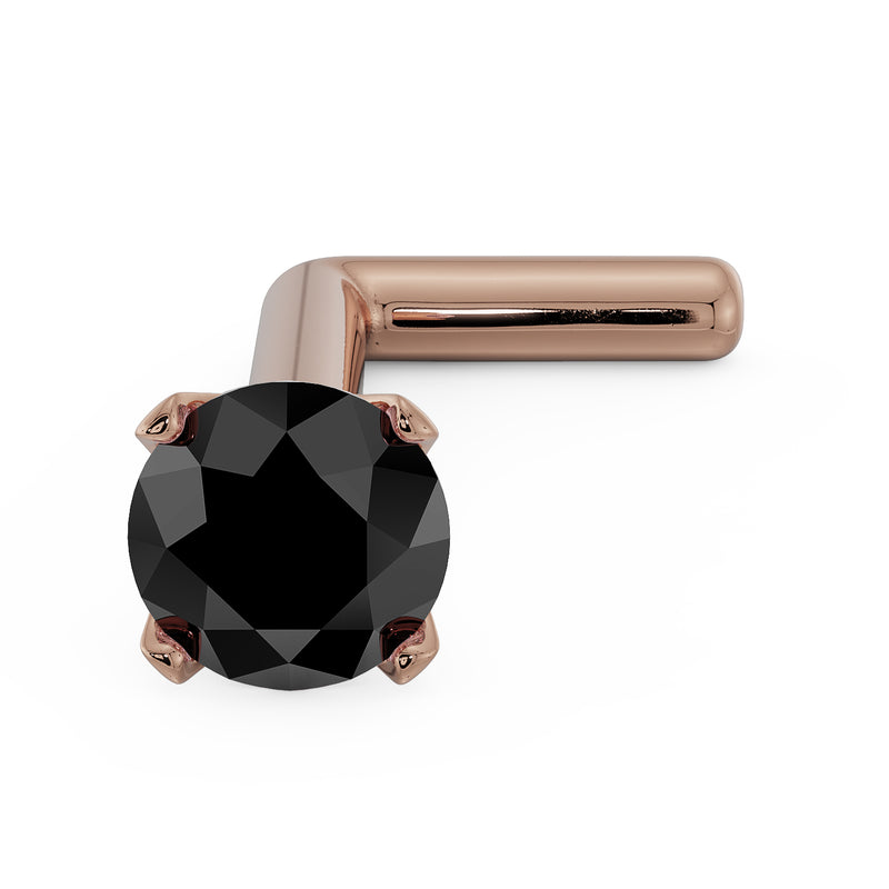 14k rose gold black diamond L-post nose stud with 4-prong setting, angled view