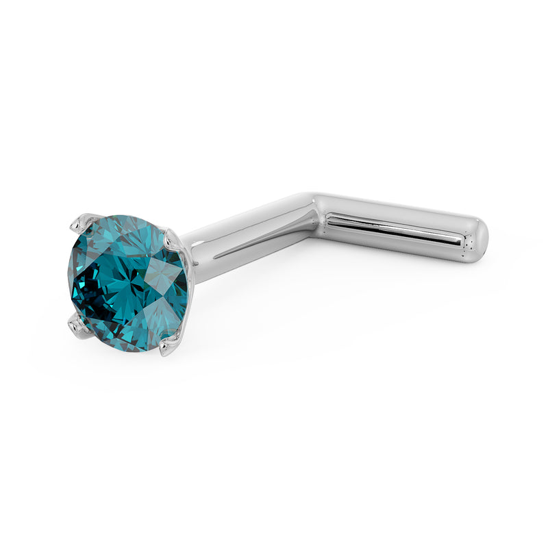 14k white gold 2.5mm blue diamond nose stud with L-post, angled view showing post bend