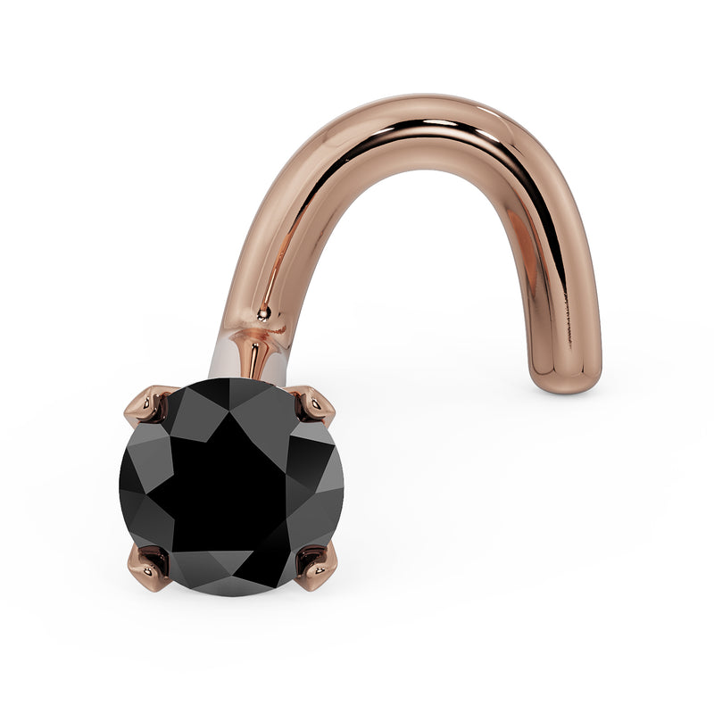 14k rose gold black diamond nose stud in 4-prong setting, twist style, angled side view