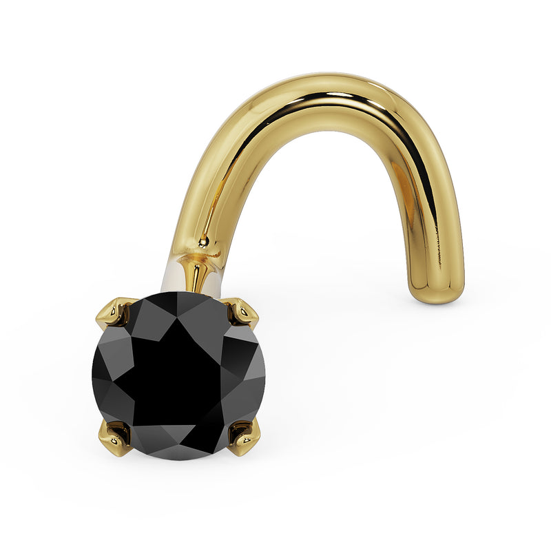 14k yellow gold black diamond prong nose ring stud, twist style, angled view