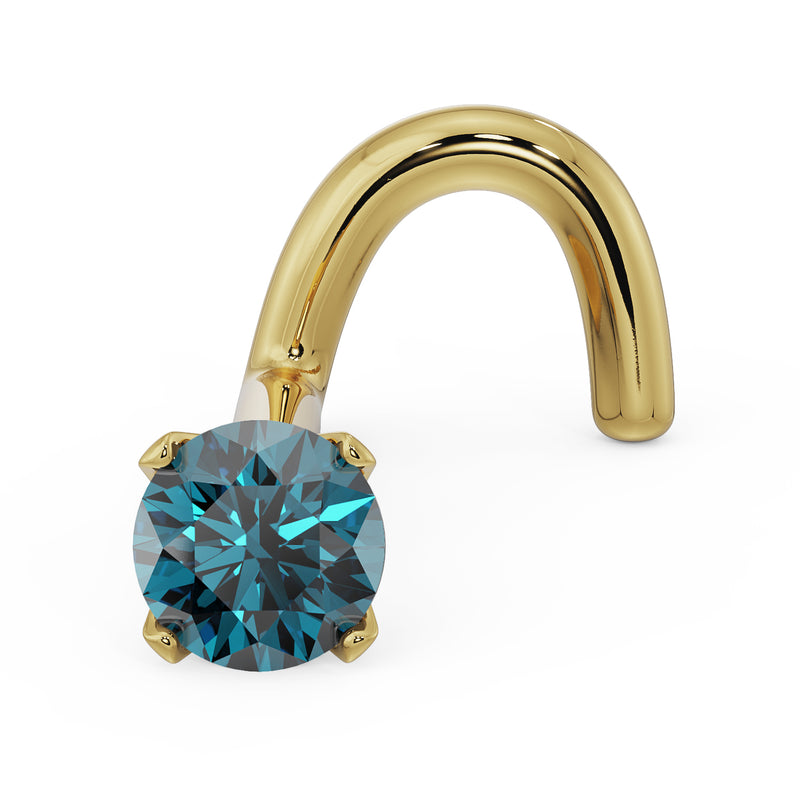 14k yellow gold blue diamond prong nose ring stud with twist post, angled front view