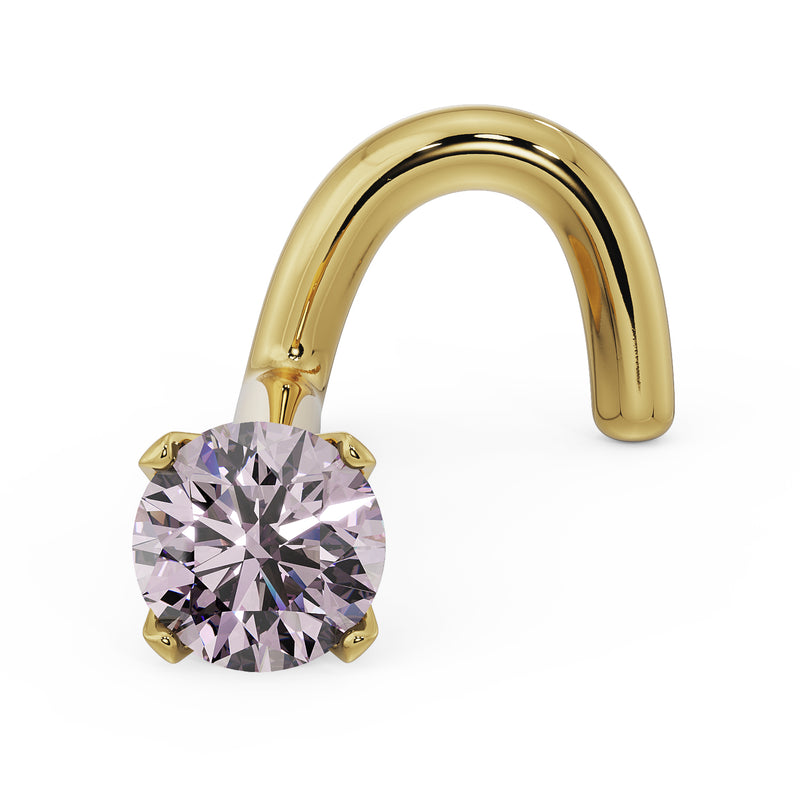 14k yellow gold pink diamond nose stud with twist post, front view showing prong-set stone