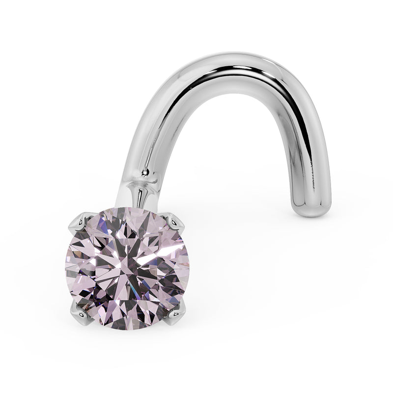 14k white gold pink diamond twist nose stud, front-facing view showing prong setting and curl