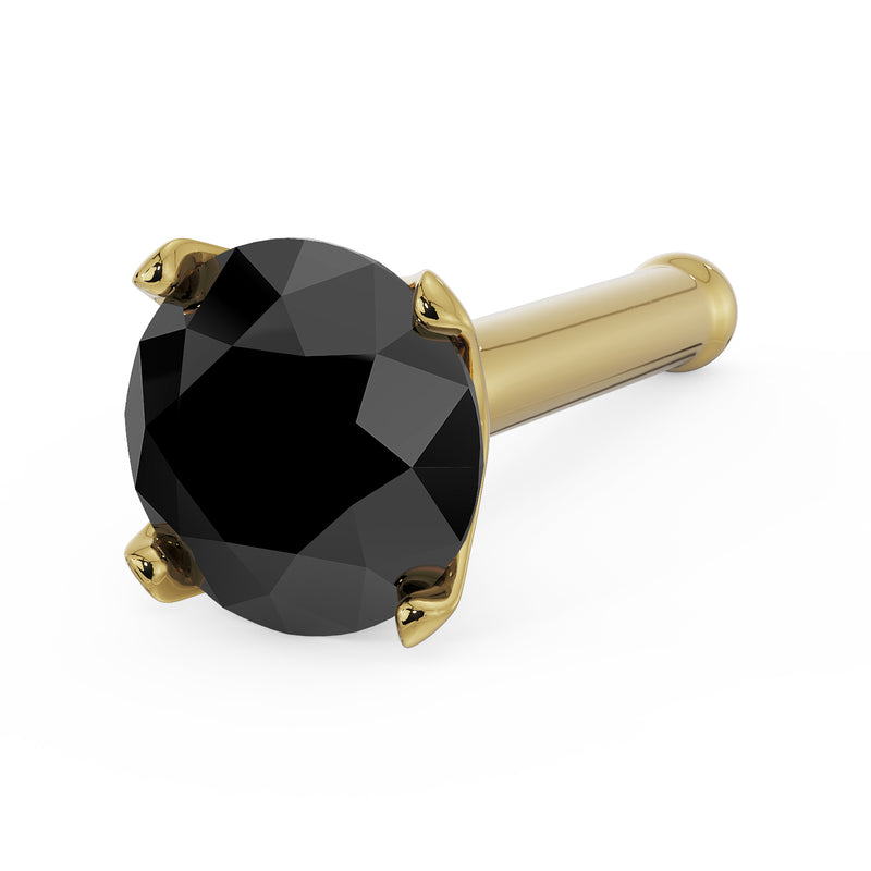 14k yellow gold 3mm black diamond nose bone stud, angled view showing gold post with ball end