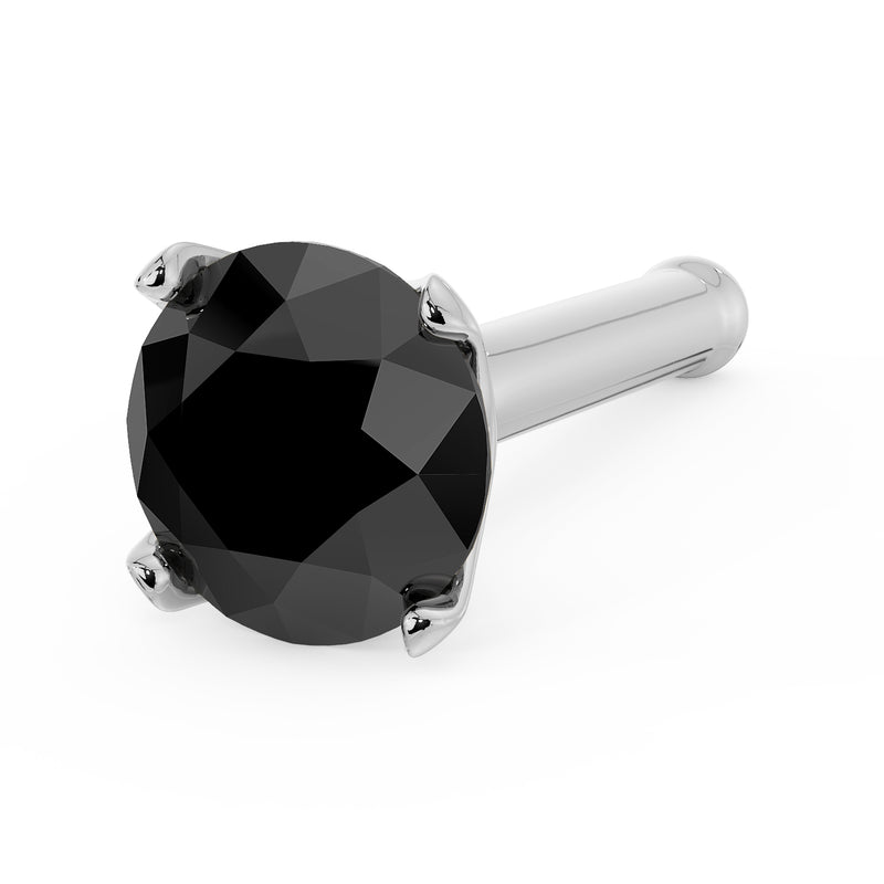 14k white gold 3mm black diamond nose bone stud, angled view showing silver-tone post with ball end