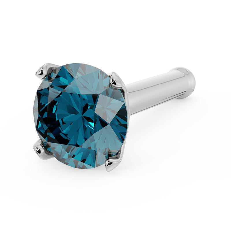 14k white gold blue diamond nose stud with straight bone post, angled view highlighting prong detail