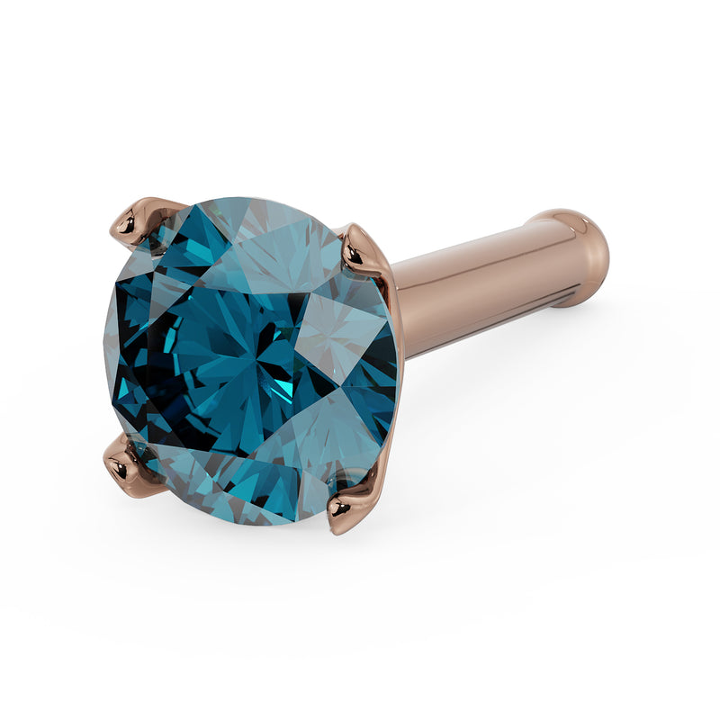 14k rose gold blue diamond nose stud with straight bone post, angled view of four-prong setting