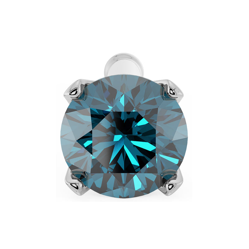 Overhead close-up of 3mm blue diamond in white gold four-prong nose stud setting, front view