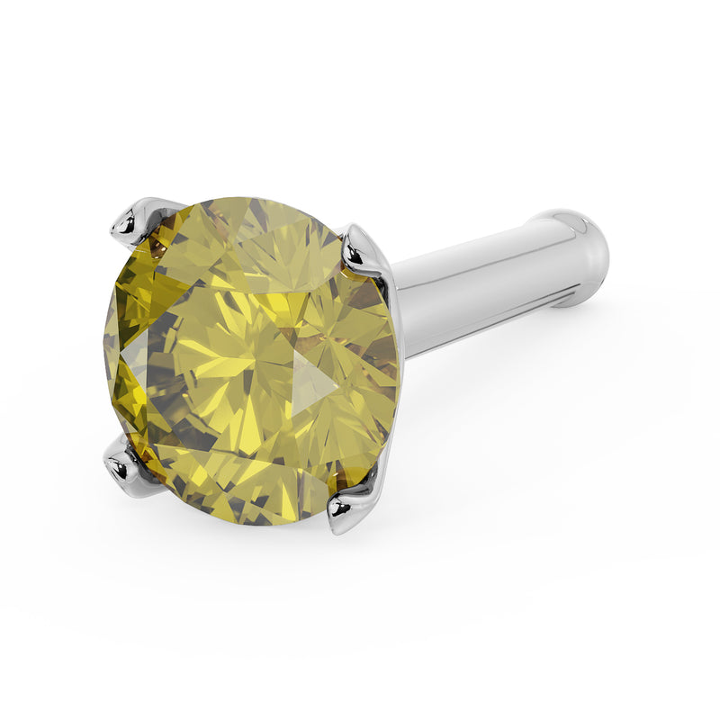 14k white gold yellow diamond nose bone stud, angled view showing four-prong setting and bone tip
