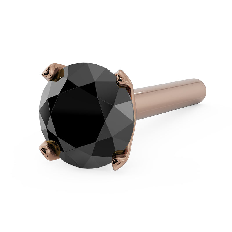 14k rose gold 3mm black diamond straight post nose stud, angled overhead view of prong setting