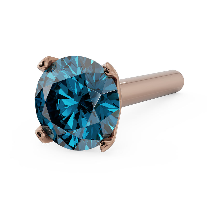 14k rose gold blue diamond straight-post nose stud, angled close-up showing prong and teal stone