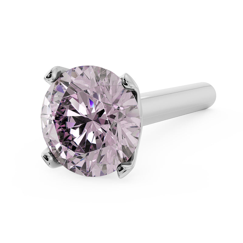 Platinum 3mm pink diamond straight-post nose stud, angled top view showing prong detail and post