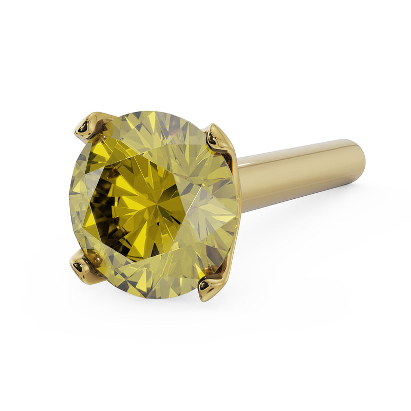 14k yellow gold 3mm yellow diamond straight post nose stud, angled overhead view of stone