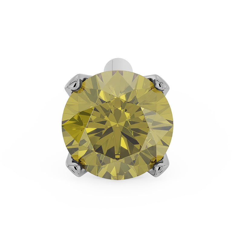 Overhead close-up of 3mm yellow diamond in white gold straight post nose stud, prong detail view